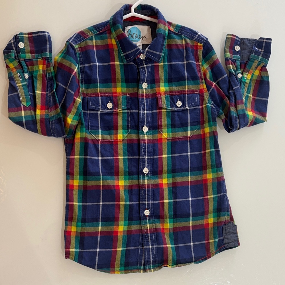 Boden Men's Navy Plaid Button-Down Shirt with Multicolor Stripes
